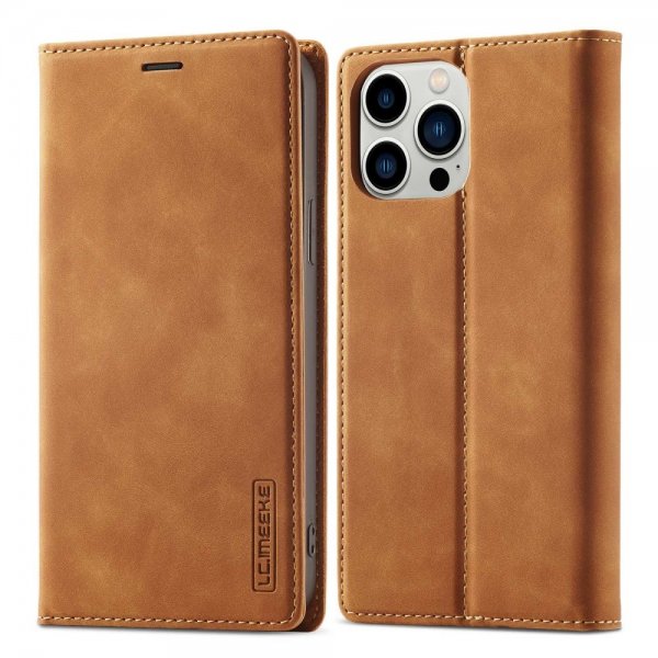 Lc.Imeeke iPhone 14 Pro Max -suojakuori korttipaikalla, läppämalli, ruskea