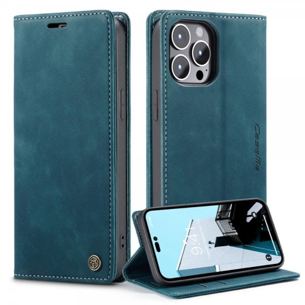 CaseMe iPhone 14 Pro Max Retro Flip -suojakotelo, bensiininsininen