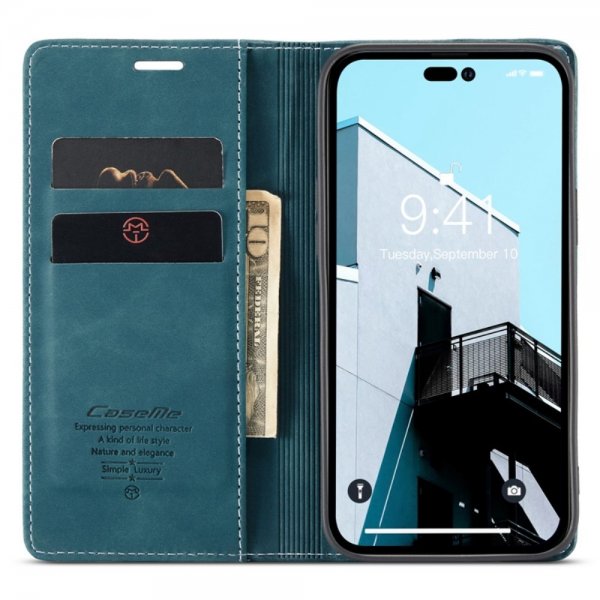 CaseMe iPhone 14 Pro Max Retro Flip -suojakotelo, bensiininsininen