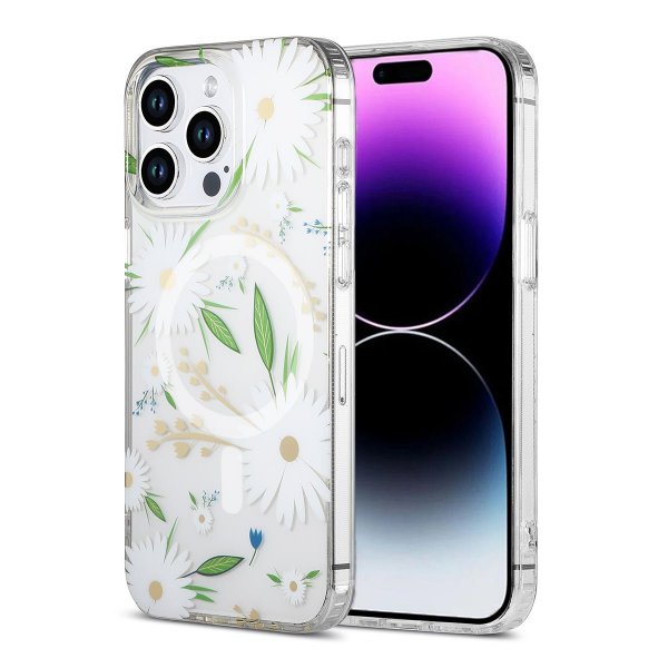 iPhone 14 Pro Max Kuori Kukkakuvio MagSafe Valkoinen