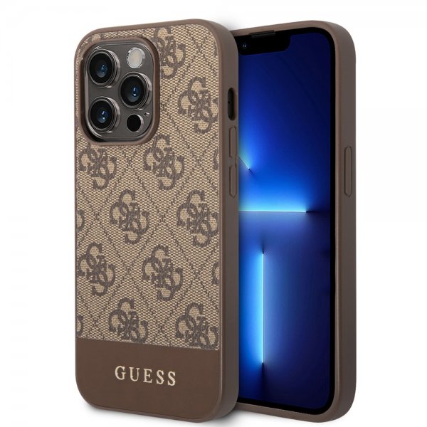Guess iPhone 14 Pro Max Suojakuori Bottom Stripe Metal Logo Ruskea