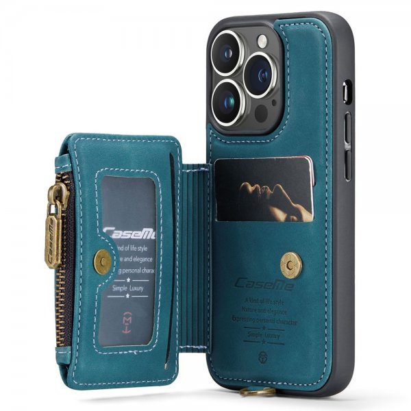 CaseMe iPhone 14 Pro Max -suojakuori C20, korttipaikka, vetoketju, petroolinsininen