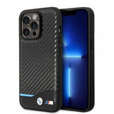 BMW iPhone 14 Pro Max Suojakuori Hiilikuitujäljitelmä Painettu Logo Musta