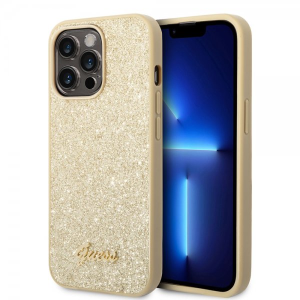 Guess iPhone 14 Pro Max Suojakuori Glitter Flakes Metal Logo Kulta