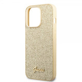 Guess iPhone 14 Pro Max Suojakuori Glitter Flakes Metal Logo Kulta