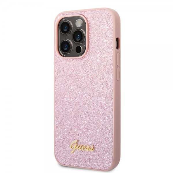 Guess iPhone 14 Pro Max Suojakuori Glitter Flakes Metal Logo Ruusukulta