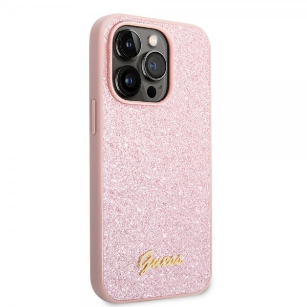 Guess iPhone 14 Pro Max Suojakuori Glitter Flakes Metal Logo Ruusukulta