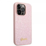 Guess iPhone 14 Pro Max Suojakuori Glitter Flakes Metal Logo Ruusukulta
