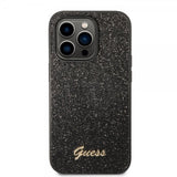 Guess iPhone 14 Pro Max Suojakuori Glitterhiutaleita Metallilogo Musta