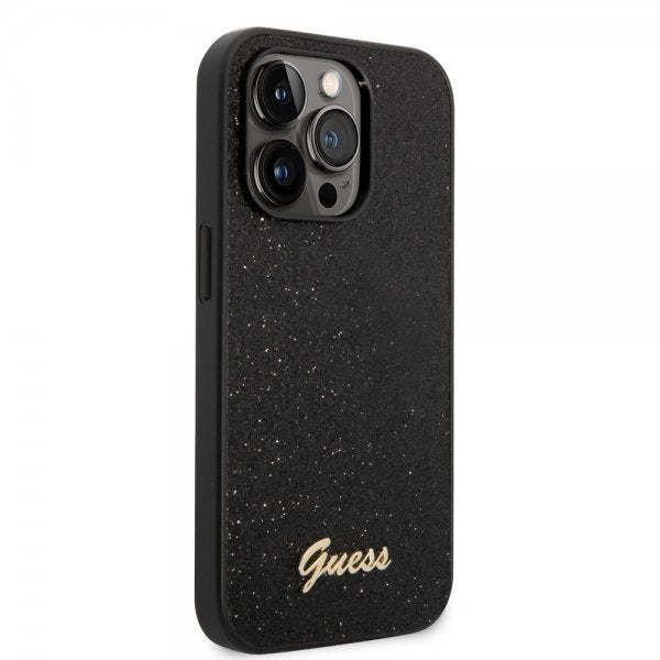 Guess iPhone 14 Pro Max Suojakuori Glitterhiutaleita Metallilogo Musta