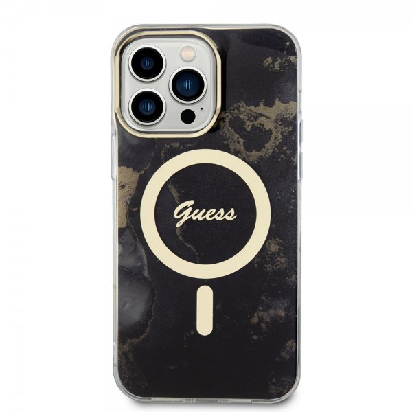 Guess iPhone 14 Pro Max -kuori Golden Marble MagSafe, musta