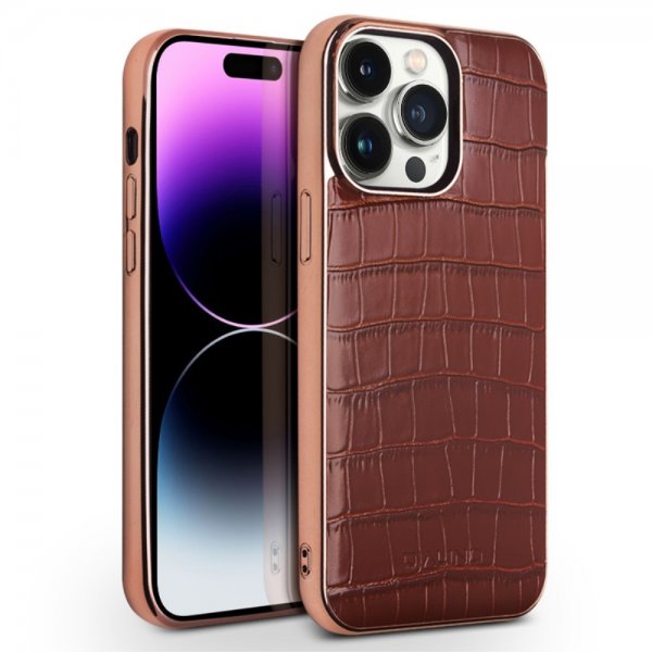 Qialino iPhone 14 Pro Max Suojakuori Krokotiilikuvio MagSafe Ruskea