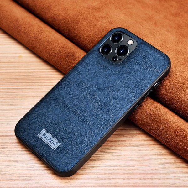 Sulada iPhone 14 Pro Max -kuoret nahkatekstuuri, sininen