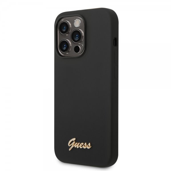 Guess iPhone 14 Pro Max Kuori Liquid Silicone Metal Logo Musta