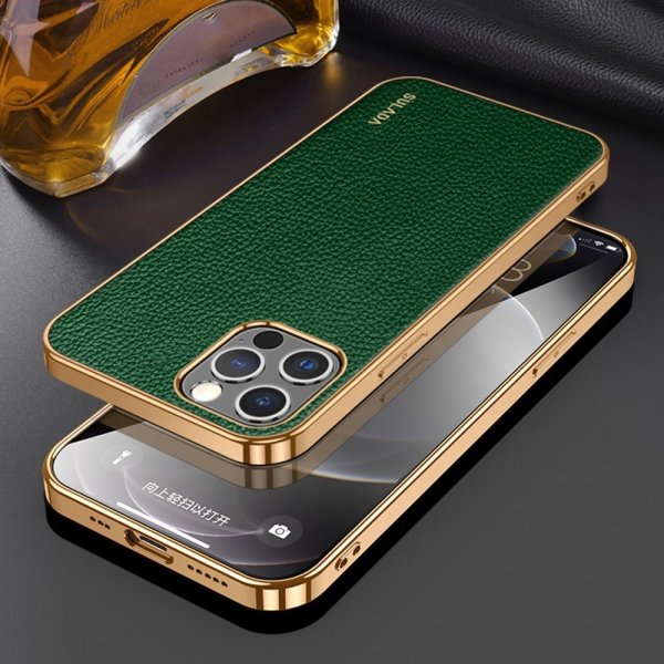 Sulada iPhone 14 Pro Max Kuori Litchikuvioitu Pinnoitettu Reuna Vihreä