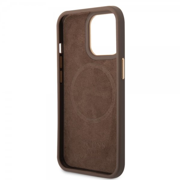 Guess iPhone 14 Pro Max -kuori Metal Plate Logo MagSafe ruskea