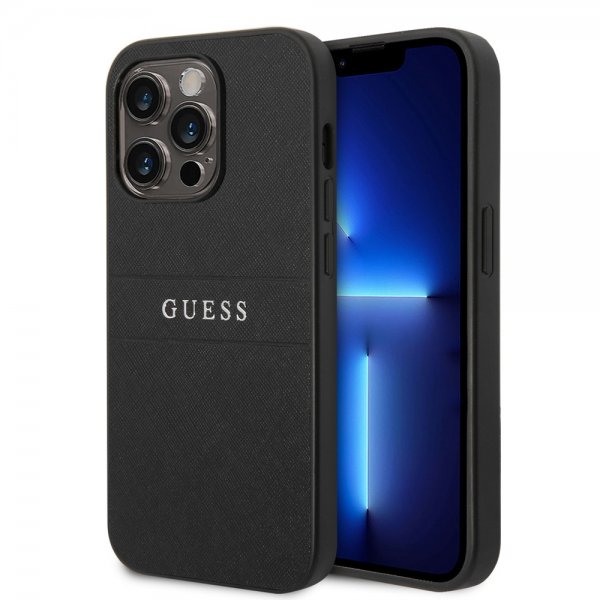 Guess iPhone 14 Pro Max Suojakuori Saffiano Metal Logo Stripes Musta