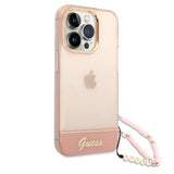 Guess iPhone 14 Pro Max Translucent -suojakuori, jossa hihna, pinkki