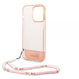 Guess iPhone 14 Pro Max Translucent -suojakuori, jossa hihna, pinkki