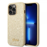 Guess iPhone 14 Pro Kuoret Glitterhiutaleet Metallilogo Kulta