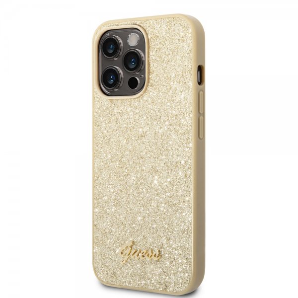 Guess iPhone 14 Pro Kuoret Glitterhiutaleet Metallilogo Kulta