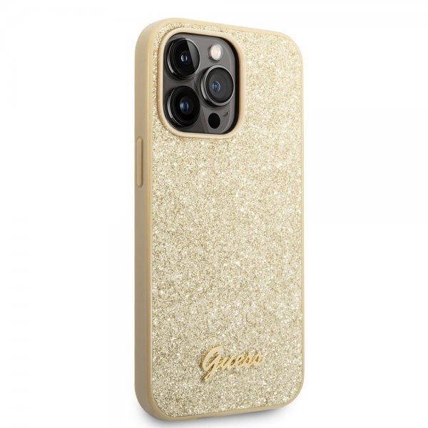 Guess iPhone 14 Pro Kuoret Glitterhiutaleet Metallilogo Kulta