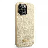Guess iPhone 14 Pro Kuoret Glitterhiutaleet Metallilogo Kulta