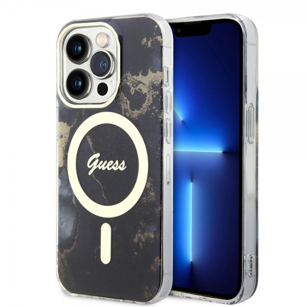Guess iPhone 14 Pro -kuoret Golden Marble MagSafe, musta