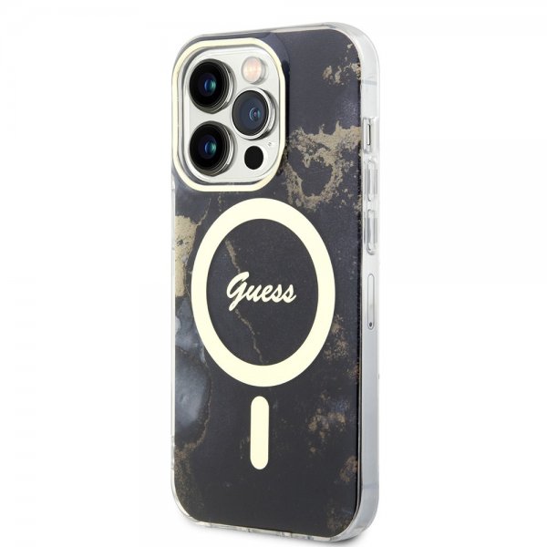 Guess iPhone 14 Pro -kuoret Golden Marble MagSafe, musta