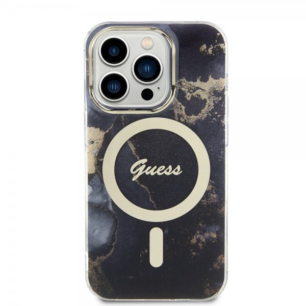 Guess iPhone 14 Pro -kuoret Golden Marble MagSafe, musta