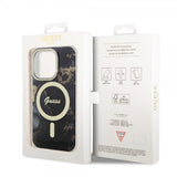 Guess iPhone 14 Pro -kuoret Golden Marble MagSafe, musta