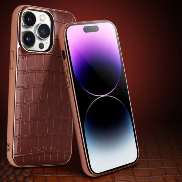 Qialino iPhone 14 Pro -suojakuori, krokotiilikuvioitu MagSafe, ruskea