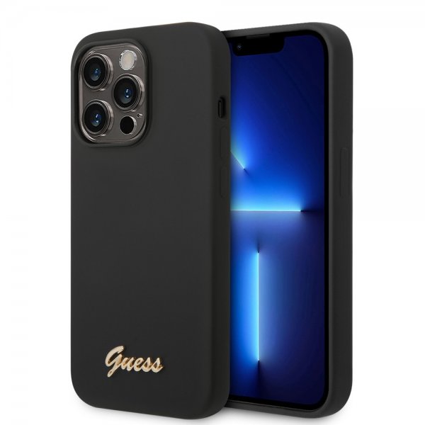 Guess iPhone 14 Pro -kuoret, Liquid Silicone Metal Logo, musta