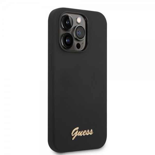 Guess iPhone 14 Pro -kuoret, Liquid Silicone Metal Logo, musta
