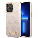 Guess iPhone 14 Pro -kuoret Metal Plate Logo MagSafe, pinkki