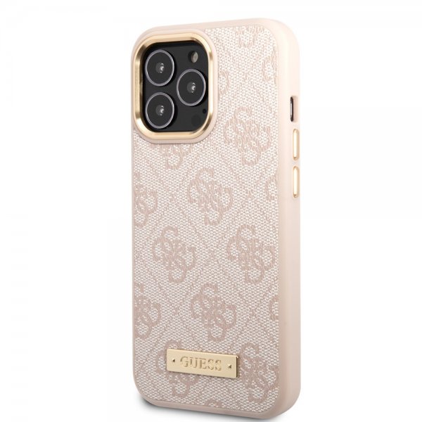 Guess iPhone 14 Pro -kuoret Metal Plate Logo MagSafe, pinkki