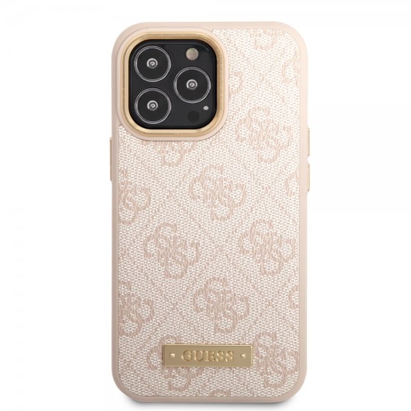 Guess iPhone 14 Pro -kuoret Metal Plate Logo MagSafe, pinkki