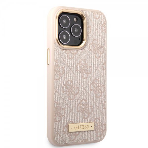 Guess iPhone 14 Pro -kuoret Metal Plate Logo MagSafe, pinkki