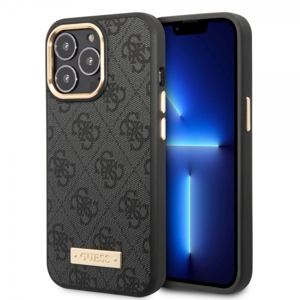 Guess iPhone 14 Pro -kuoret, Metal Plate Logo, MagSafe, musta