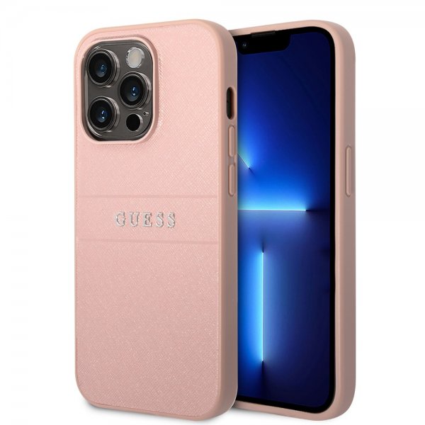 Guess iPhone 14 Pro Kuori Saffiano Metal Logo Stripes Pinkki