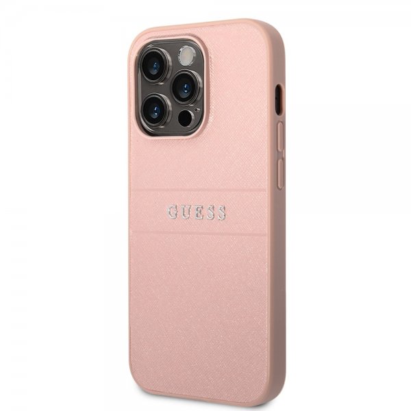Guess iPhone 14 Pro Kuori Saffiano Metal Logo Stripes Pinkki