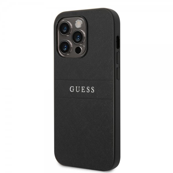 Guess iPhone 14 Pro -suojakuori, Saffiano Metal Logo Stripes, musta