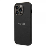 Guess iPhone 14 Pro -suojakuori, Saffiano Metal Logo Stripes, musta