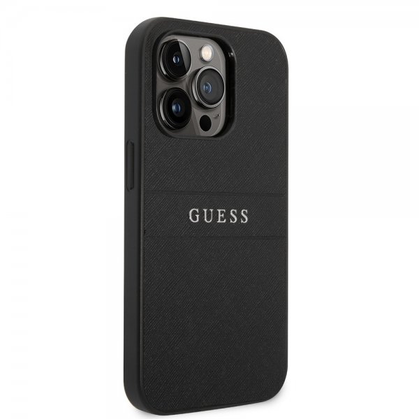 Guess iPhone 14 Pro -suojakuori, Saffiano Metal Logo Stripes, musta