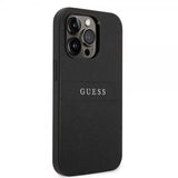 Guess iPhone 14 Pro -suojakuori, Saffiano Metal Logo Stripes, musta