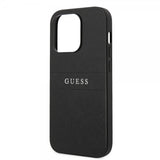 Guess iPhone 14 Pro -suojakuori, Saffiano Metal Logo Stripes, musta