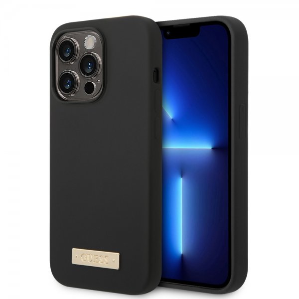 Guess iPhone 14 Pro Kuori Silikoni Metallilevy MagSafe Musta