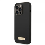 Guess iPhone 14 Pro Kuori Silikoni Metallilevy MagSafe Musta