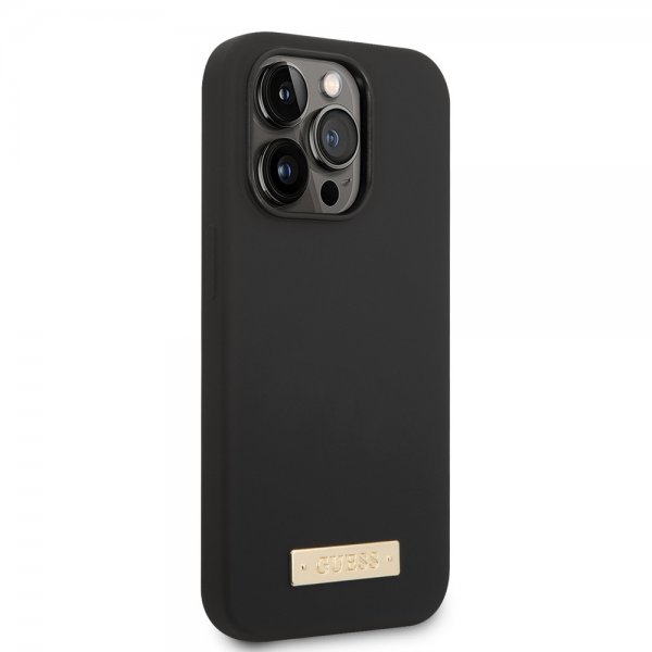 Guess iPhone 14 Pro Kuori Silikoni Metallilevy MagSafe Musta