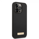 Guess iPhone 14 Pro Kuori Silikoni Metallilevy MagSafe Musta